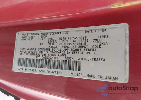 1994 Toyota T100 Dx z USA, uszkodzony, nr VIN JT4VD10A2R0022832